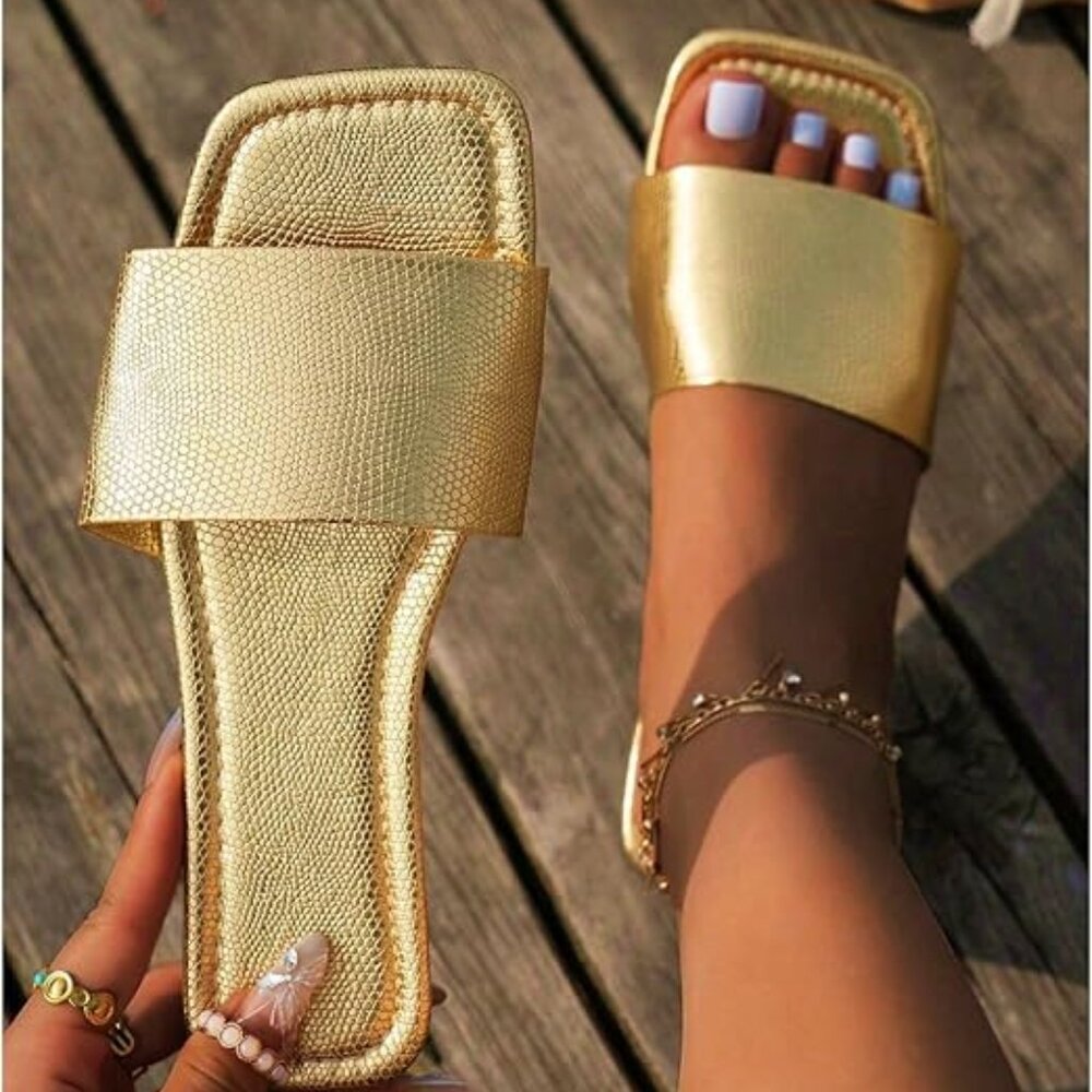 Gold Sandals Cute Dressy Square Open Toe Summer Sandals